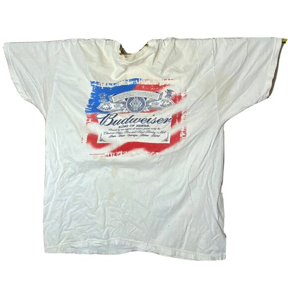 Vintage Budweiser Logo STAINED Anheuser Busch L/XL white t-shirt SEE PICS - Picture 1 of 8